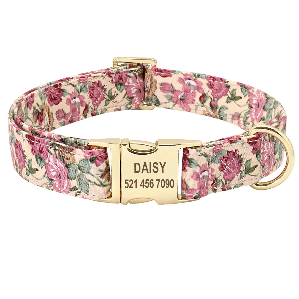 Flower Dog Collar Leash Set Custom Small Medium Large Dog Pet Collars Floral Print Nylon Dog Collars with Treat Bag Snack Bag