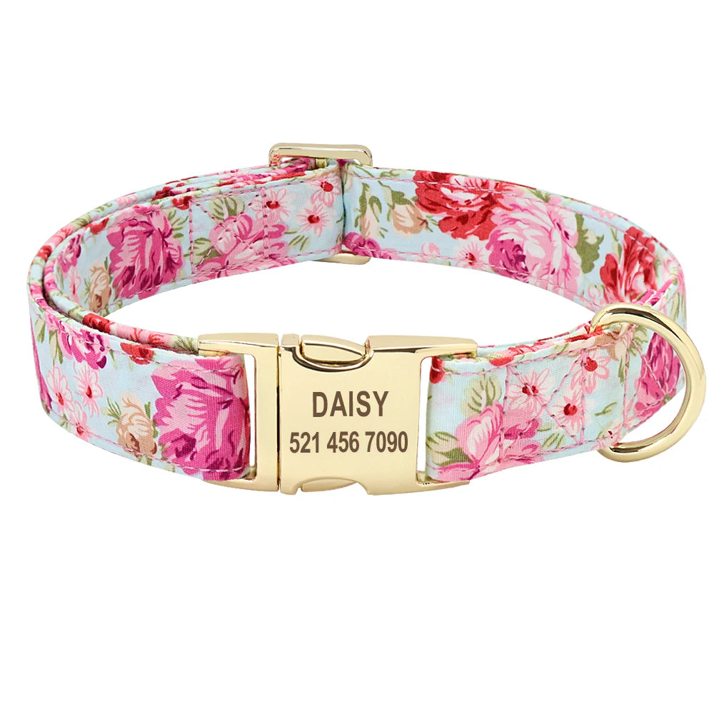 Flower Dog Collar Leash Set Custom Small Medium Large Dog Pet Collars Floral Print Nylon Dog Collars with Treat Bag Snack Bag