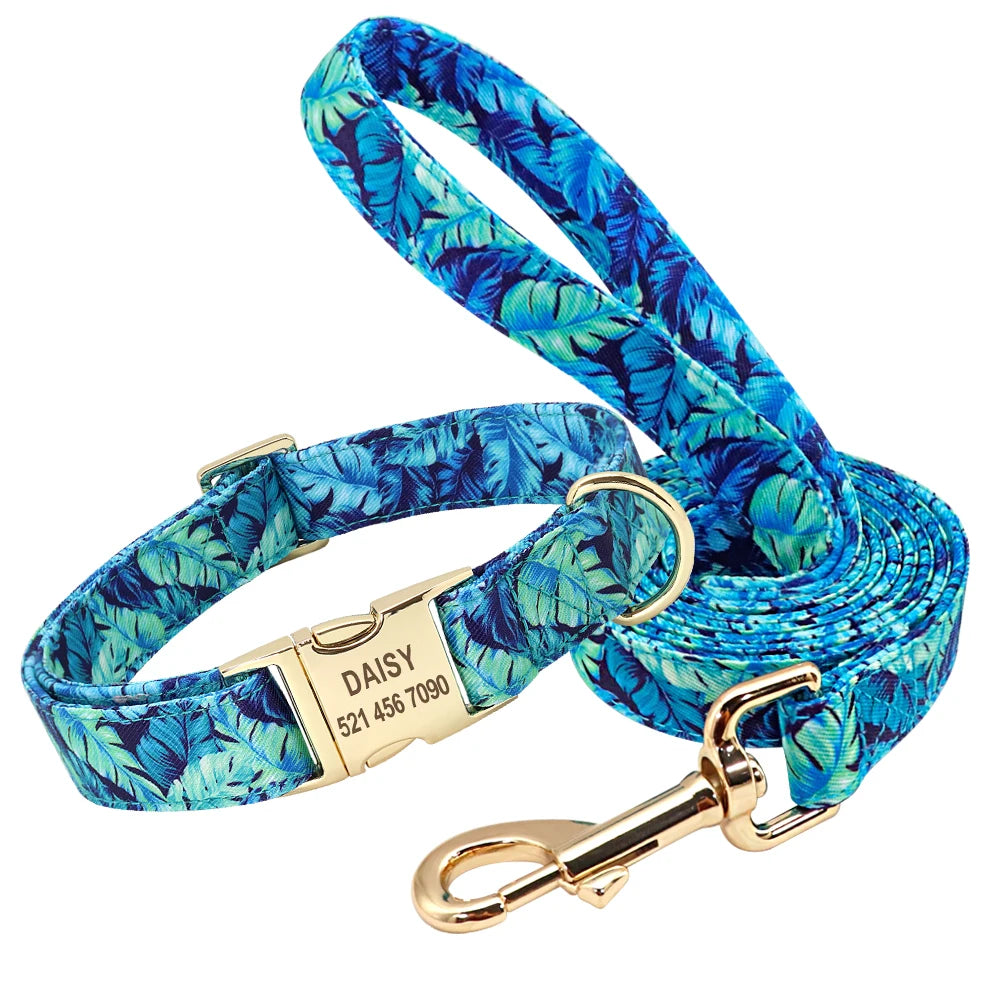 Flower Dog Collar Leash Set Custom Small Medium Large Dog Pet Collars Floral Print Nylon Dog Collars with Treat Bag Snack Bag