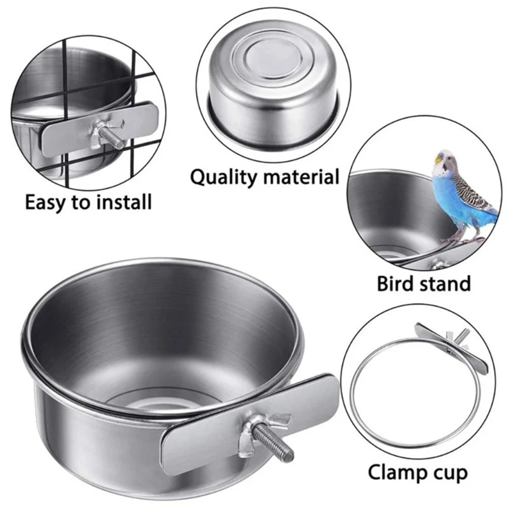 2PCS Parrot Rabbit Hamster Pet Food Dish Stainless Steel Clamp-on Water Drinker Bird Feeder Feeding Bowl Cage Cup Hanging bowl