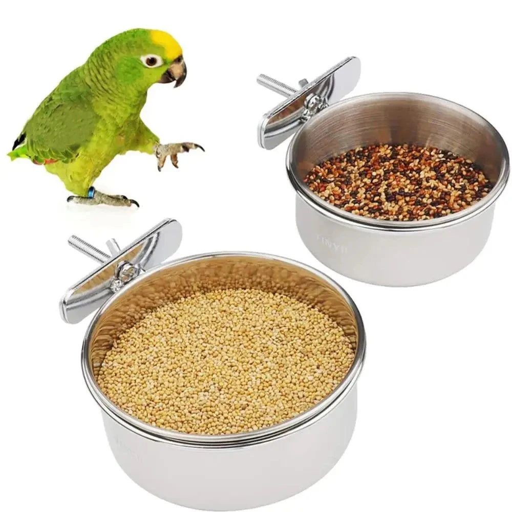 2PCS Parrot Rabbit Hamster Pet Food Dish Stainless Steel Clamp-on Water Drinker Bird Feeder Feeding Bowl Cage Cup Hanging bowl