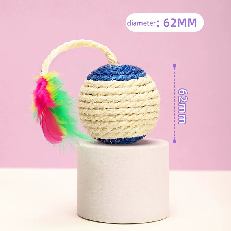 Interactive Cat Toy Sisal Scratching Ball With Feather For Chewing Grinding Teeth Training Durable Pet Toy Accessories Suitable