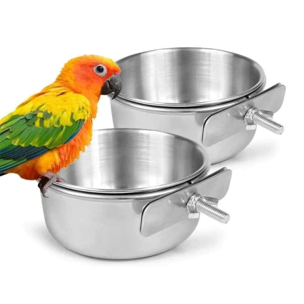 2PCS Parrot Rabbit Hamster Pet Food Dish Stainless Steel Clamp-on Water Drinker Bird Feeder Feeding Bowl Cage Cup Hanging bowl